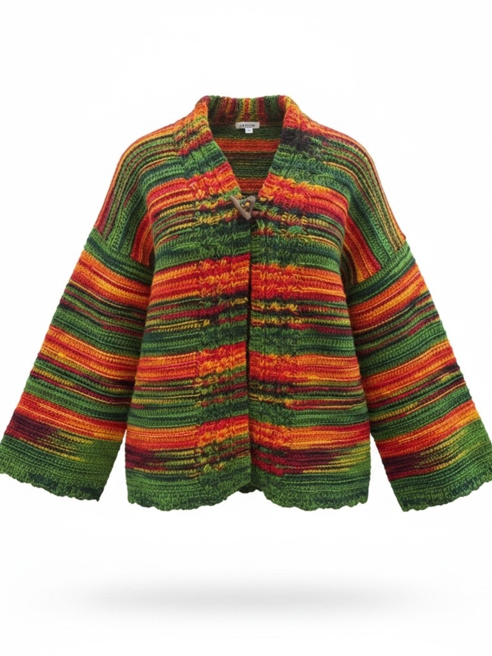 Hand-Knit Multicolor Striped Cardigan Sweater - Green/Red/Yellow